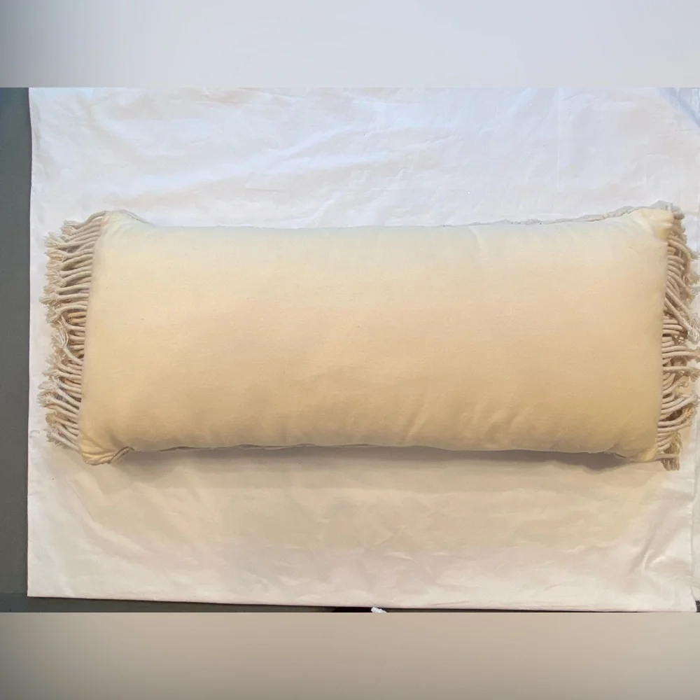 Macrame Lumbar Pillow, 27”‎ x 12”, natural color with blue detail